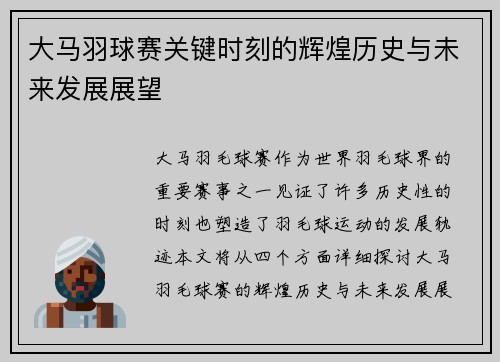 大马羽球赛关键时刻的辉煌历史与未来发展展望